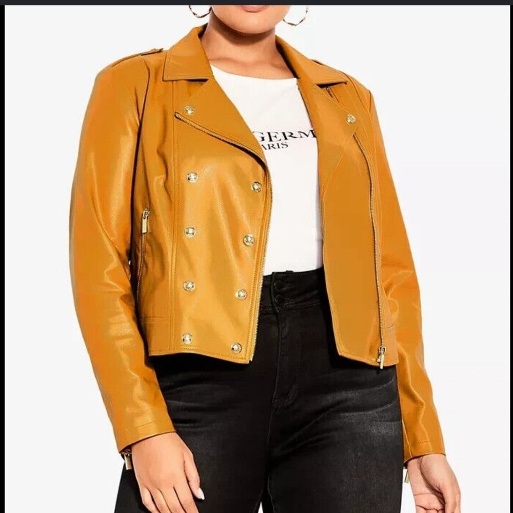 City Chic Megan Faux Leather Moto Jacket Mustard Yellow Womens XL/22 Edgy Chic